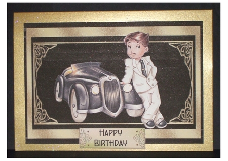 Shes Late Again - A5 card front with decoupage by Carol Pulford
