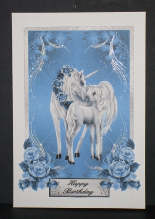 Blue Unicorn - A5 card front with decoupage by Carol Pulford