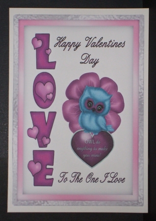 Cute Valentine Owl - A5 card front with decoupage by Carol Pulford