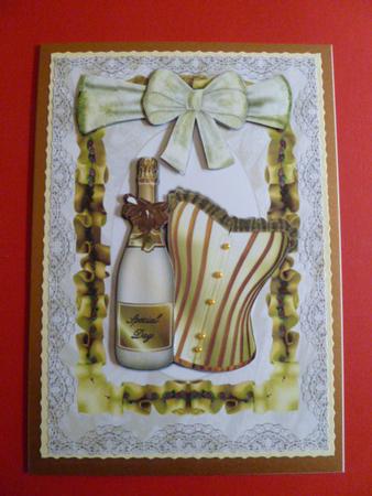 Special Day Corset and Wine Bottle Card Front with Decoupage by Carol Sear