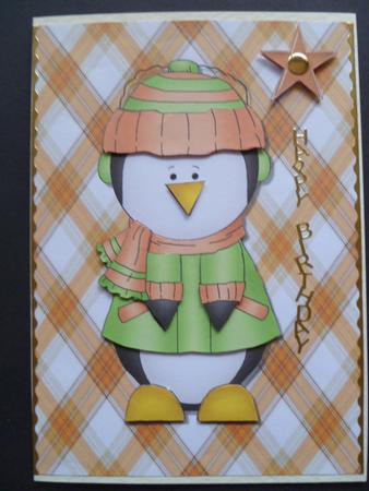 Cute Green & Orange Penguin on Pretty Backing Paper by Carol Sear