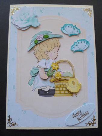 Cute Little Girl in Aqua Hat with Daffodils by Carol Sear