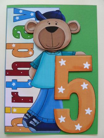 Birthday Boy Bear Age Five Over the Side Decoupage by Carol Sear