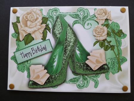 Green Sparkle Shoes with Cream Roses by Carol Sear