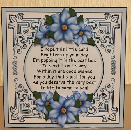 Blue Flower Frame A4 sheet for 6 x 6 inch card with floral decoupage by Carole McGregor
