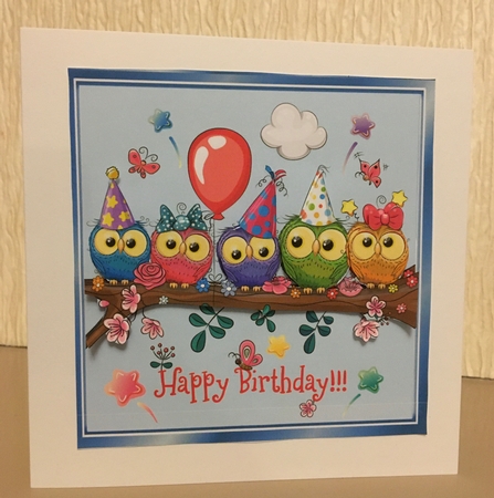 cute owls in party hats on a branch 8x8 by Carole McGregor