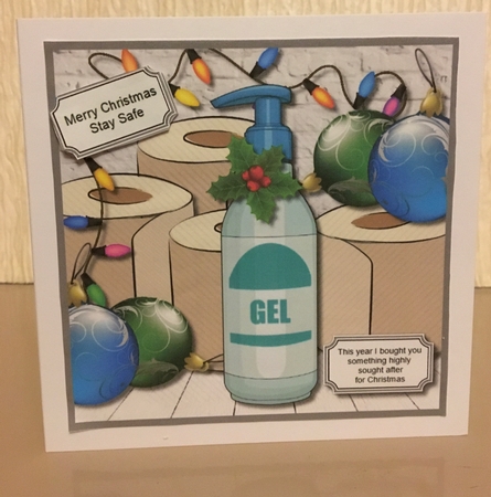 Toilet roll and sanitizer Christmas card topper by Carole McGregor
