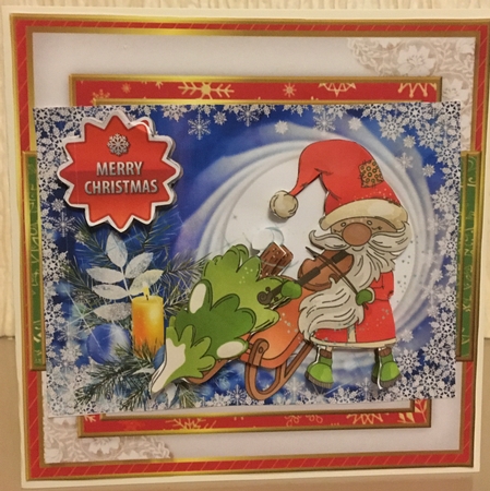 Jolly Santa playing a violin with sleigh with baubles A5 by Carole McGregor