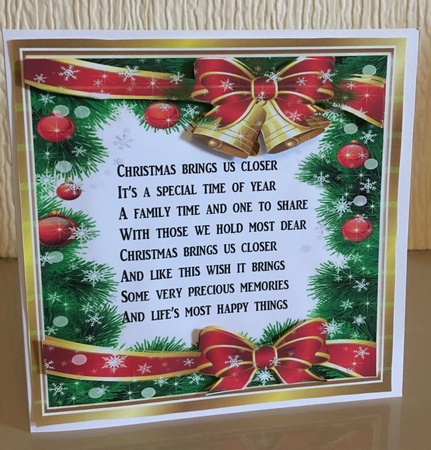 Pretty christmas red bows. bells and holly 8x8 with verse by Carole McGregor