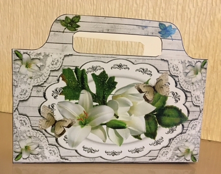 Pretty tote  bag with white lilies, lace and paper butterflies by Carole McGregor