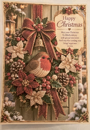 Knitted Robin Christmas Wreath - Christmas Card Topper 5x7 Inch by Carole McGregor
