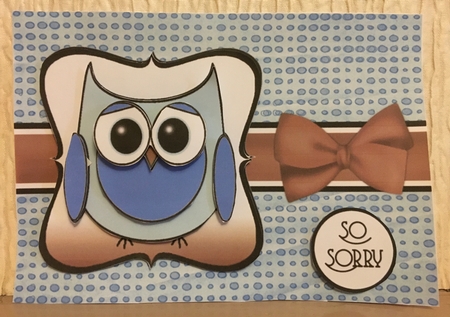 Cute Owl Sorry Decoupage Card Front - Brown & Blue by Carole McGregor