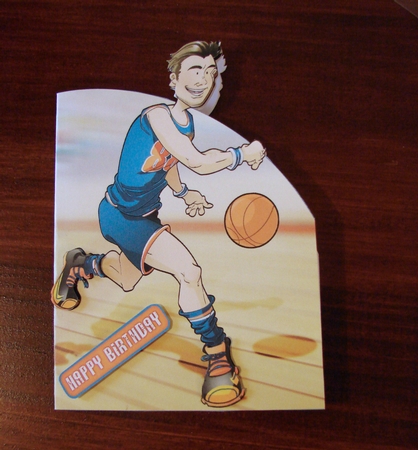 Basketball Dude Orange and Blue Shaped Card by Carolyn Norris