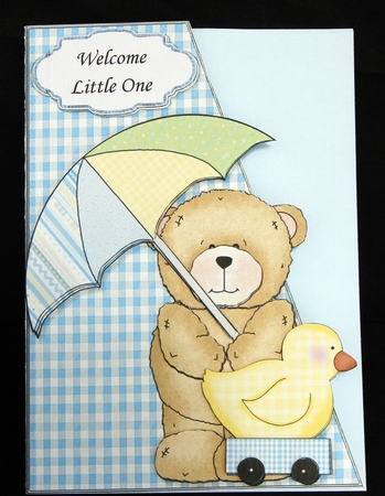 Baby Shower Bear Over the Edge Card Front and Decoupage by Carolyn Norris