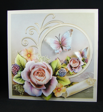 English rose and butterfly 7x7 card with decoupage by Carolyn Norris