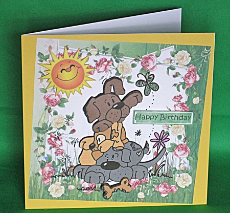 Dogs playing in the garden with smiling sun 8x8 by Carolyn Norris