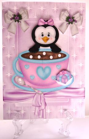 Cute Little Penguin with Teacup in Star Frame A4 by Carolyn Norris
