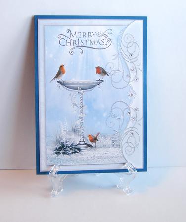 Christmas Robins at the Bird Bath by Carolyn Norris
