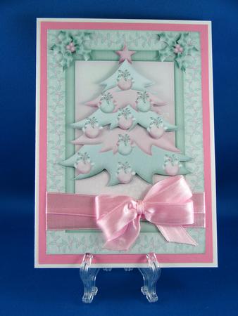 Christmas Tree in Green and Pink Card Front with Decoupage by Carolyn Norris