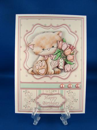 Kitty with Bouquet Card Front & Decoupage by Carolyn Norris