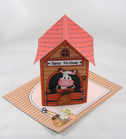 3D Milly Moo Cow's Barn Rubber Band Pop Up Card by Carolyn Norris