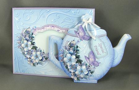 Teapot Shape Card Blue & Lilac Floral & Decoupage Card Kit by Carolyn Norris