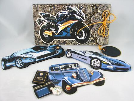 Blue Paisley, Gift Envelope with Car and Motorbike Decoupage by Carolyn Norris