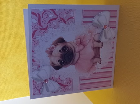 Cute Ballerina Pug On Lace/Pink Stripe 8x8 With Bows by Carolynne Barratt
