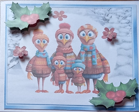 Cute Christmas Family Of Feathered Friends With Holly 8x8 (Two) by Carolynne Barratt