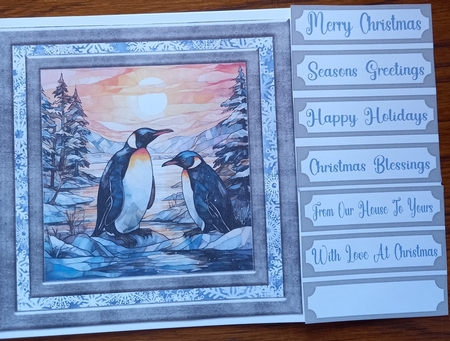 Stained glass Christmas penguins card front 5 by Carolynne Barratt