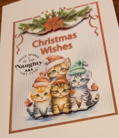 Naughty List Club 1 - 7x5 inch card front with decoupage by Carolynne Barratt