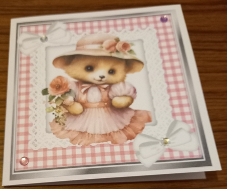 Pretty Pink Gingham and lace, Teddy Bear & Bows 8x8 by Carolynne Barratt