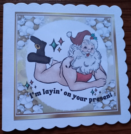 Gold & White Baubles With Santa Caption 8x8 Four by Carolynne Barratt