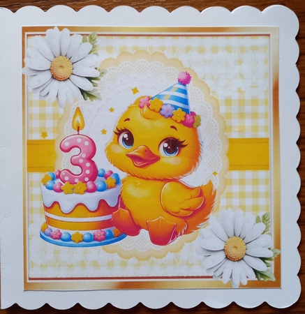 Cute Yellow Birthday Duck (AGED THREE) With Daisies in Yellow Gingham 8x8 by Carolynne Barratt