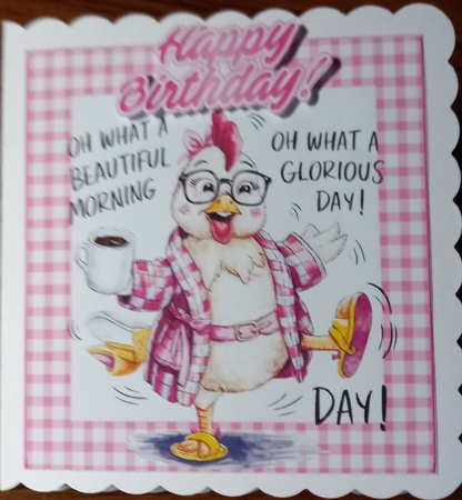 Pink Gingham 7X7 Card With Funny Chicken Quote (THREE) by Carolynne Barratt