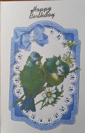 Pretty birds on a branch with blue bow on lace, card front and insert by Carolynne Barratt