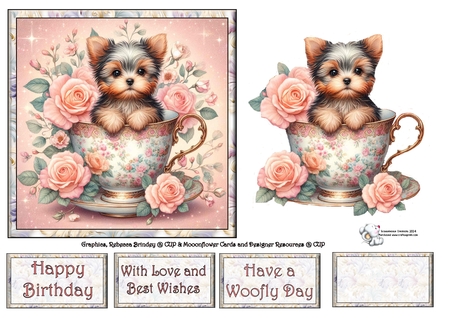 Rose teacup Yorkie by Celia Clare
