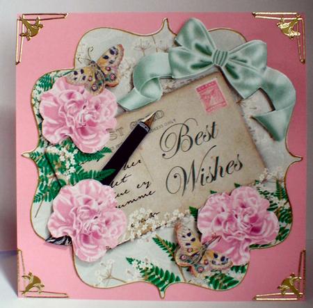 Pink Carnations O Best Wishes 6in Bracket Decoupage Topper by Celia Clare