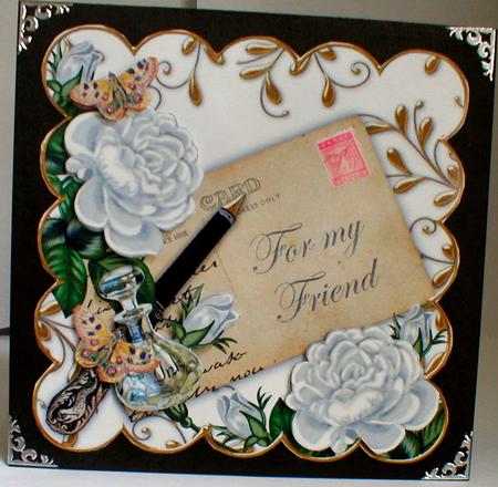 Silver Rose for My Friend Ink Saver 8in Decoupage Topper by Celia Clare