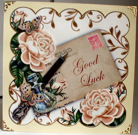 Peach Roses Good Luck Ink Saver 8in Decoupage Topper by Celia Clare