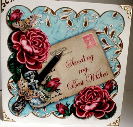 Dpink Roses Teal Sending Wishes 8in Decoupage Topper by Celia Clare