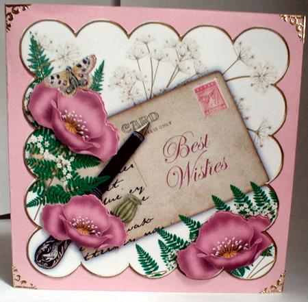 Dusky Pink Poppy Best Wishes Ink Saver 8in Decoupage Topper by Celia Clare