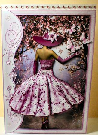1950's Lady in Pink Catching Butterflies Decoupage by Celia Clare