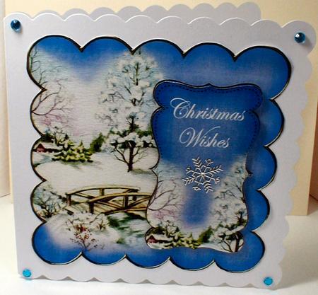 Blue Snowscene Christmas Wishes 8in Scallop Topper by Celia Clare