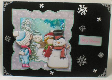 Snowball Fight Card Front with Decoupage by Celia Clare