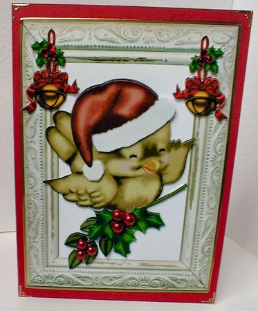 Cute Little Robin on Holly Frame with Bells by Celia Clare
