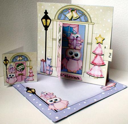 3D Xmas Owl's Present Animated Moveable Open Door Card by Celia Clare