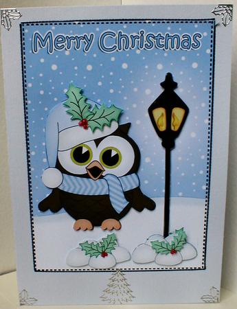 Christmas Little Hoot Owl Lamp Post 5x7 3D Decoupage by Celia Clare