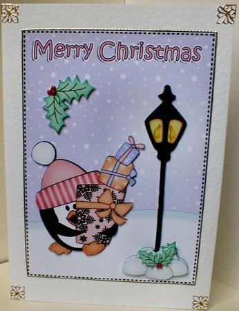 Christmas Cute Little Penguin Lamp Post 5x7 3D Decoupage by Celia Clare