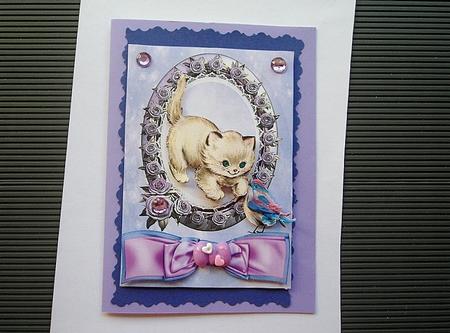Little Vintage Kitten Playing & Little Bird in Rose Frame by Charmaine Brits